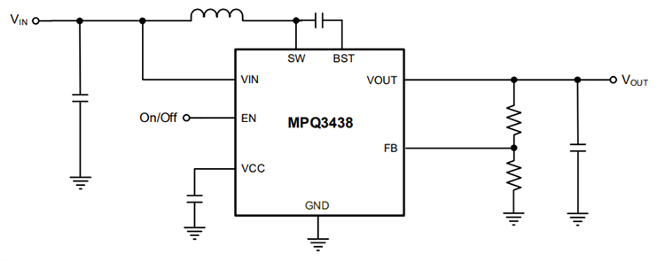 Application Circuit Diagram - Monolithic Power Systems (MPS) MPQ3438-AEC1 Synchronous Boost Converters